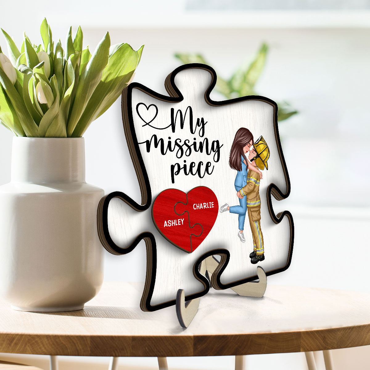 My Missing Piece Couple Hugging Kissing Valentine‘s Day Gifts by Occupation Gift For Her Gift For Him Firefighter, Nurse, Police Officer Personalized Puzzle Shaped 2-Layer Wooden Plaque