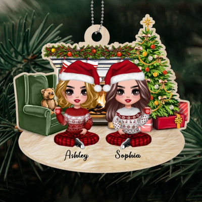 Doll Besties At Fireplace Personalized Wooden Ornament