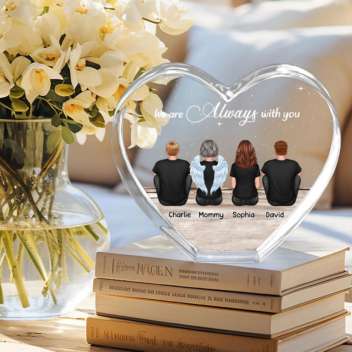 Always With You Sky Family Members, Memorial Personalized Premium Crystal Heart LED, Sympathy Gift, Free Delivery Included