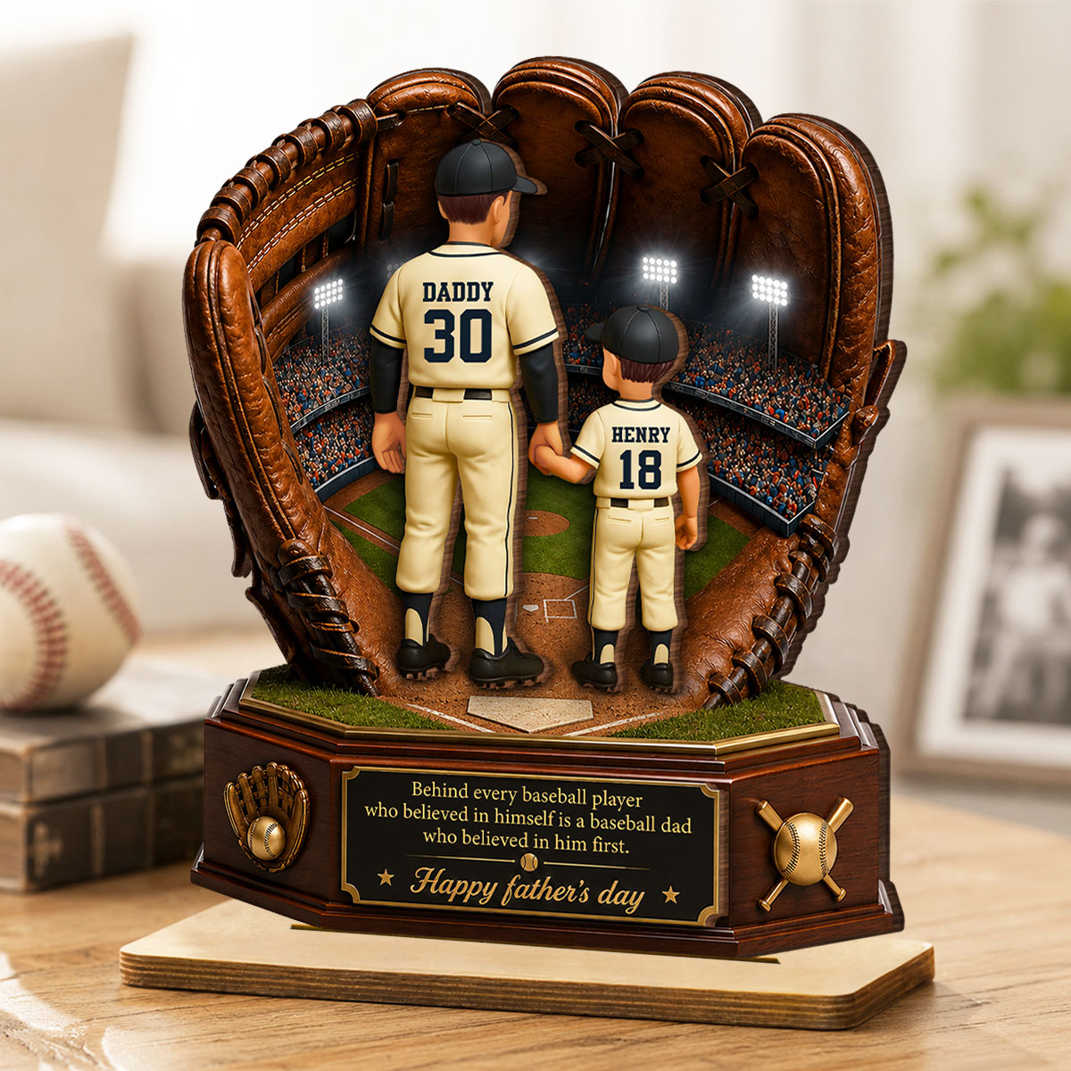 Behind Every Baseball Softball Player is a Dad - Personalized 2-Layered Wooden Plaque - Father's Day Gift for Dad, Husband