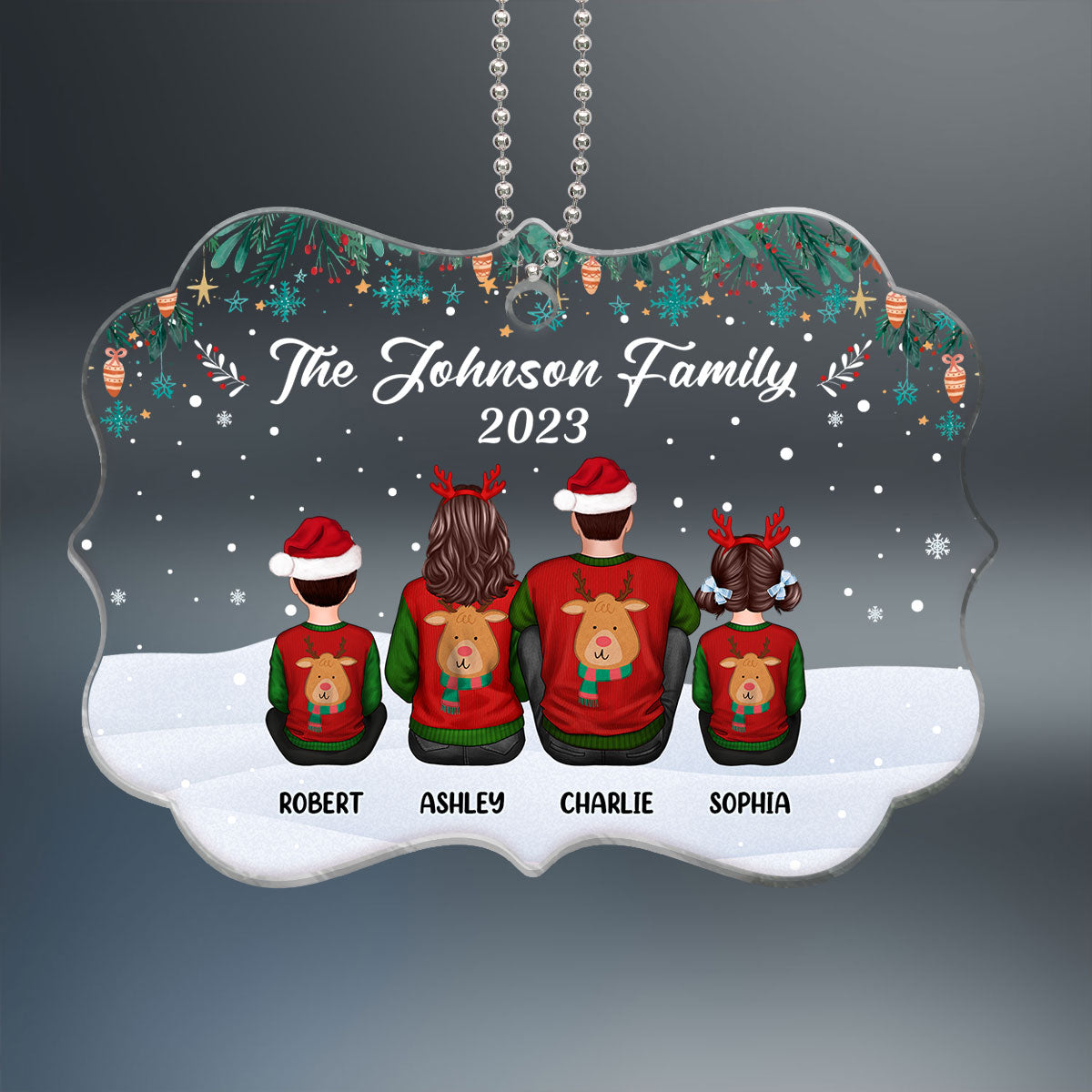 Green Snowflake Family Sitting Back View Personalized Acrylic Ornament