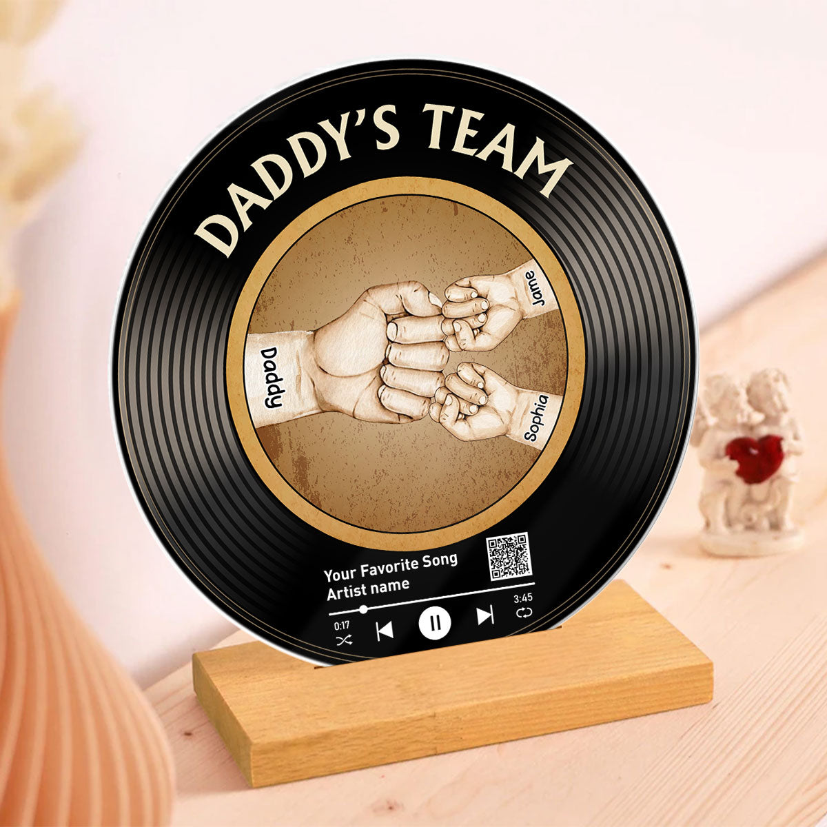 Daddy's Team Fist Bump Custom Vinyl Record Acrylic Song Plaque, Scannable QR Code, Personalized Birthday, Father's Day Gift for Dad