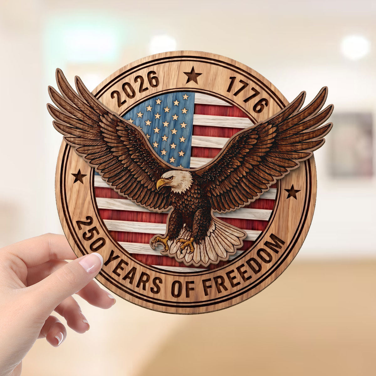 United States 250th Anniversary Eagle & American Flag - Personalized 2-Layered Wooden Plaque - America 250 Emblem American Patriot Home Decor