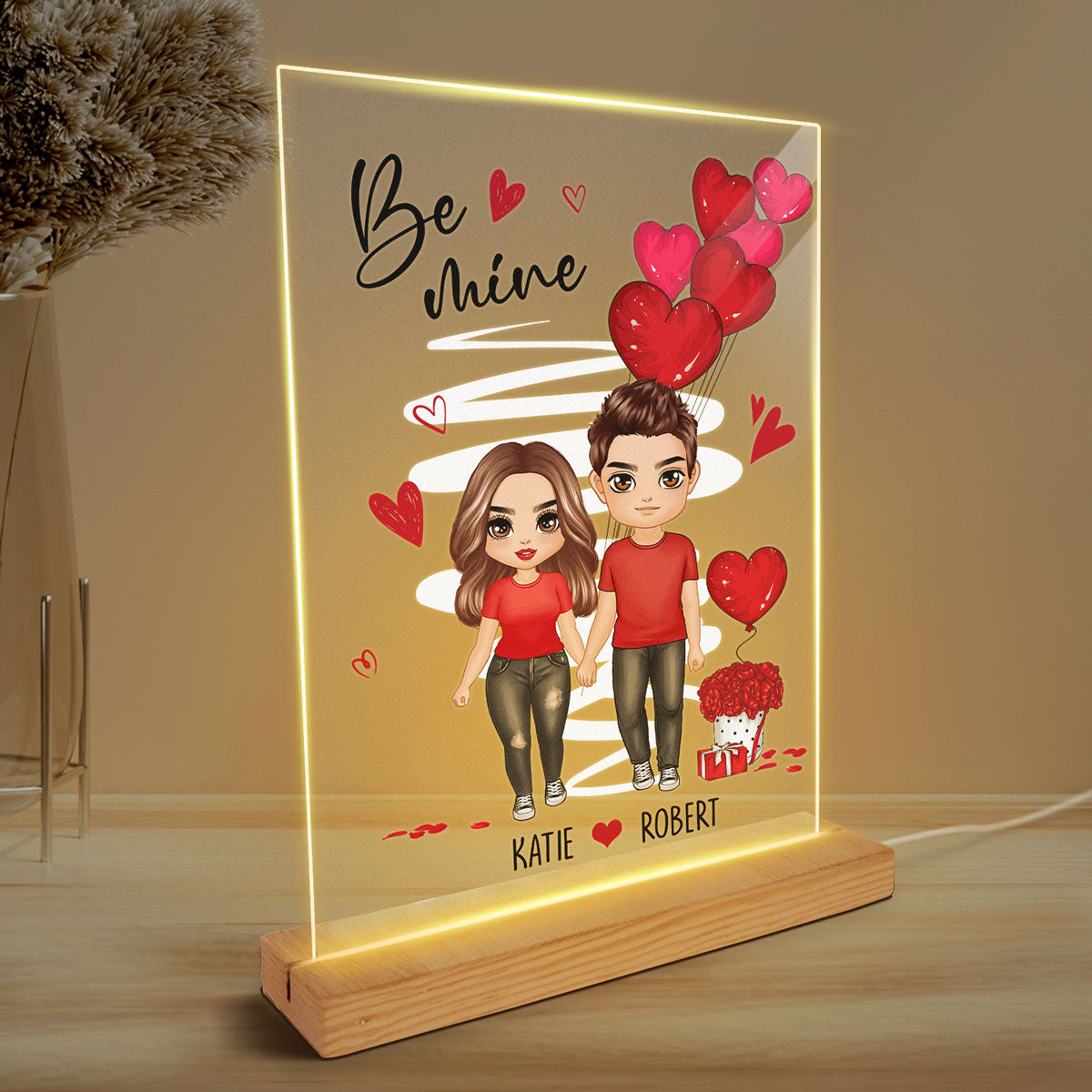 Be Mine Doll Couple Standing Personalized Plaque LED Night Light - Gift For Him Gift For Her