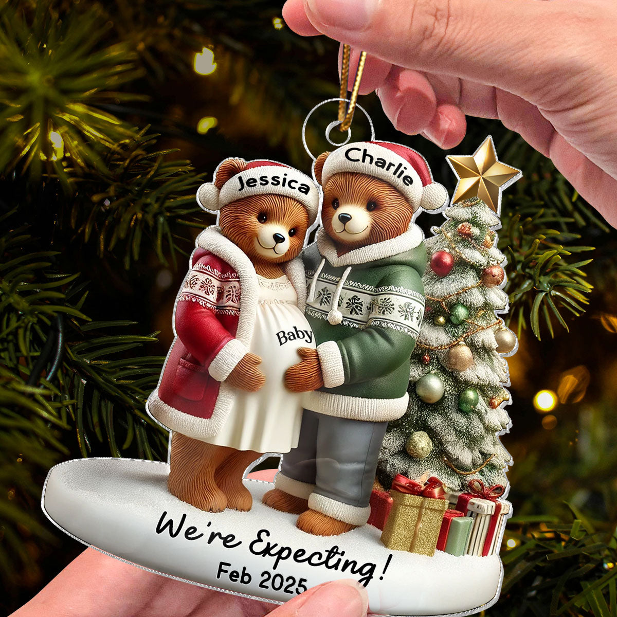 3D Effect Bear Couple Family Expecting New Baby Pregnancy Announcement Keepsake Personalized Acrylic Ornament