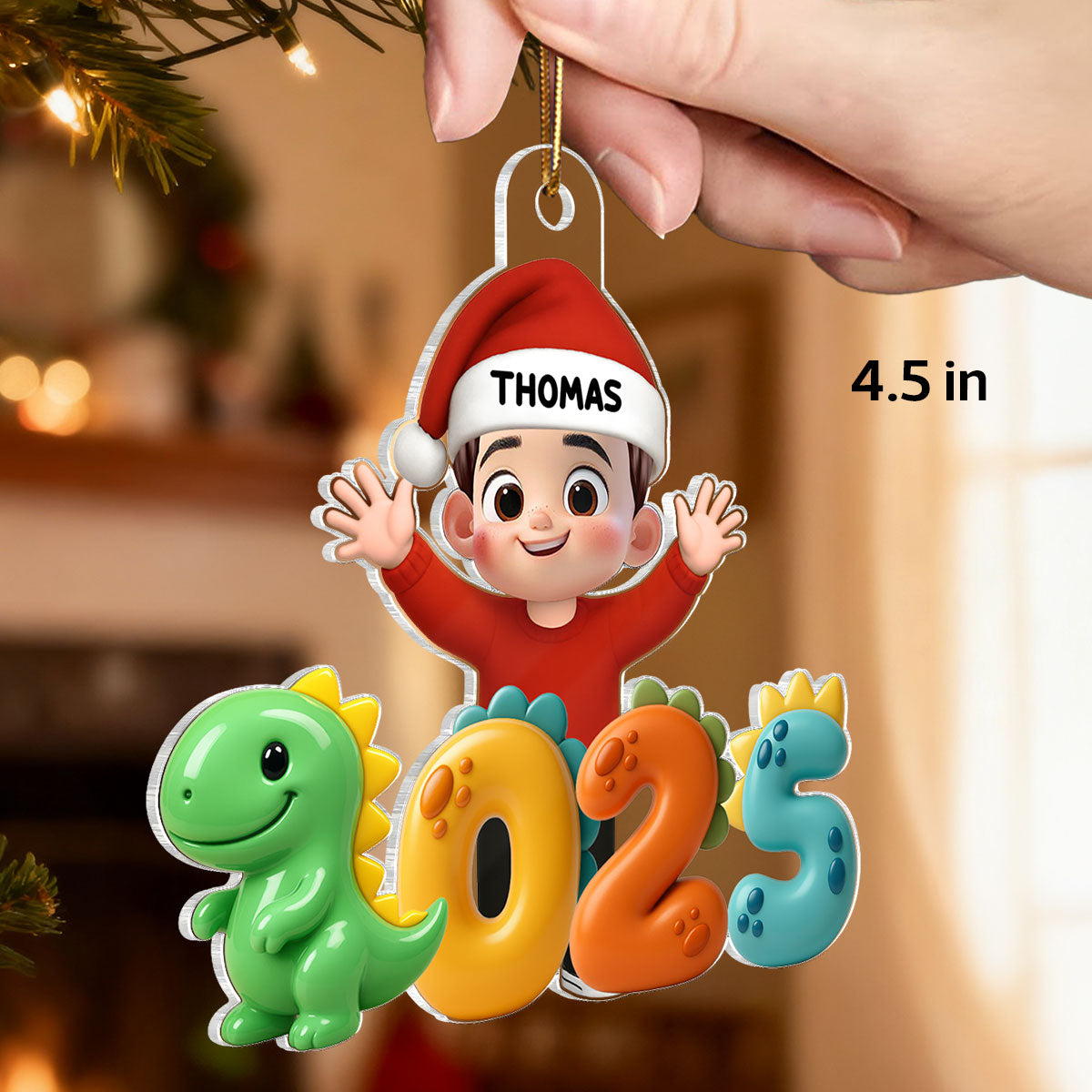 3D Effect Happy Kid With Dinosaur Numbers - Personalized Acrylic Ornament - Christmas Gift For Kids, Grandkids, Granddaughter, Grandson