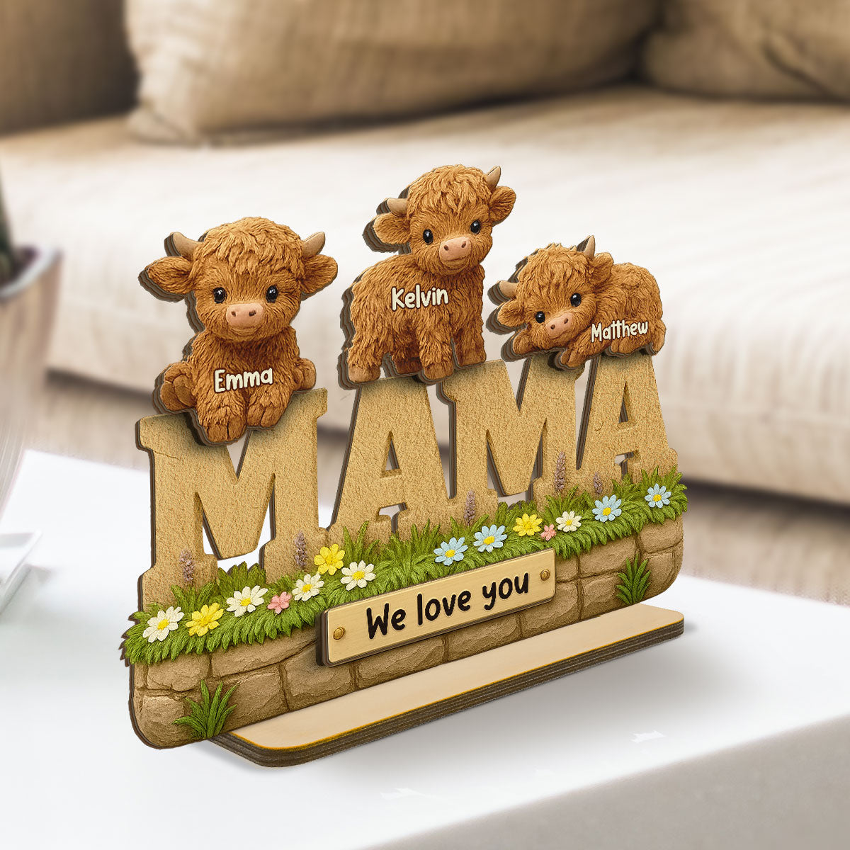 3D Effect Mama Cute Highland Cow Kids Names Personalized 2-Layer Standing Wooden Plaque, Unique Gift For Mom, Grandma