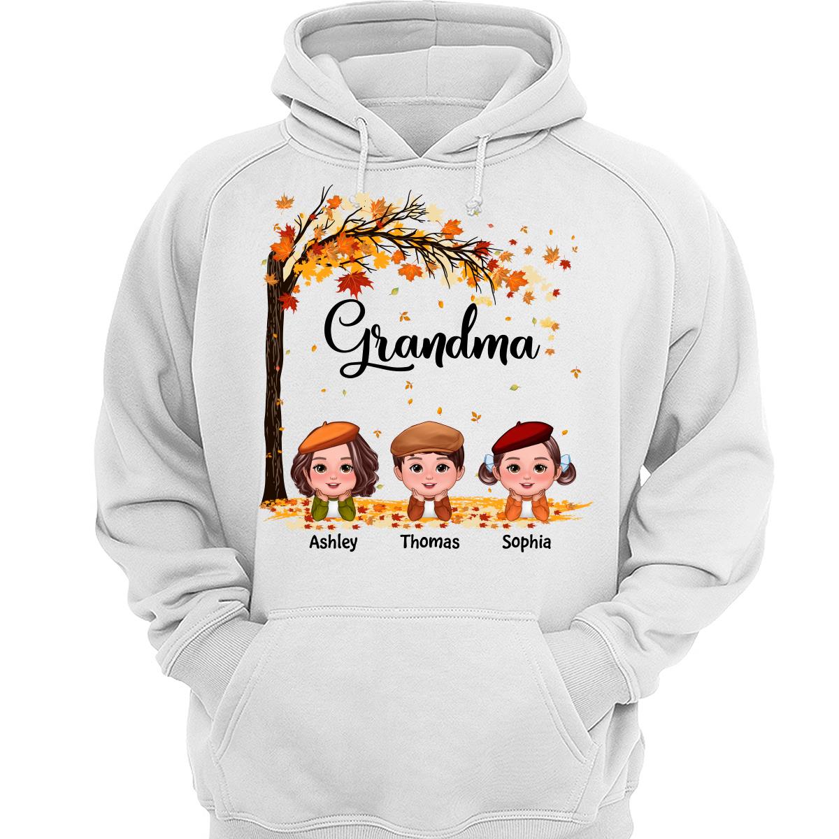 Fall Season Kids Laying On Leaves Grandma Mom Personalized Shirt
