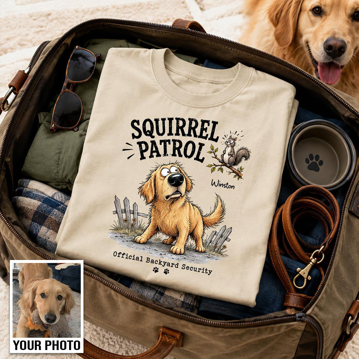 Squirrel Patrol Quirky Dog Portrait From Your Dog Photo - Personalized Shirt - Funny Gift For Dog Lover