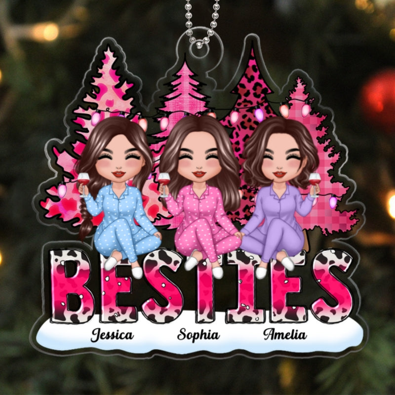 Pink Leopard Christmas Trees Besties Sisters Personalized Acrylic Ornament