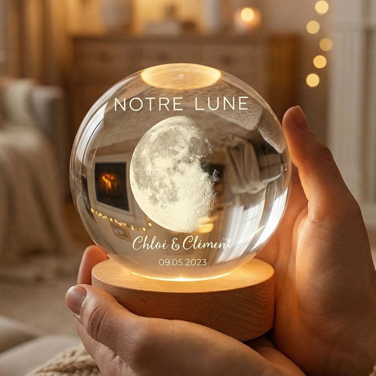 Veilleuse Boule de Cristal LED Personnalisée - Phase de Lune de Votre Jour Spécial - Cadeau pour Couple