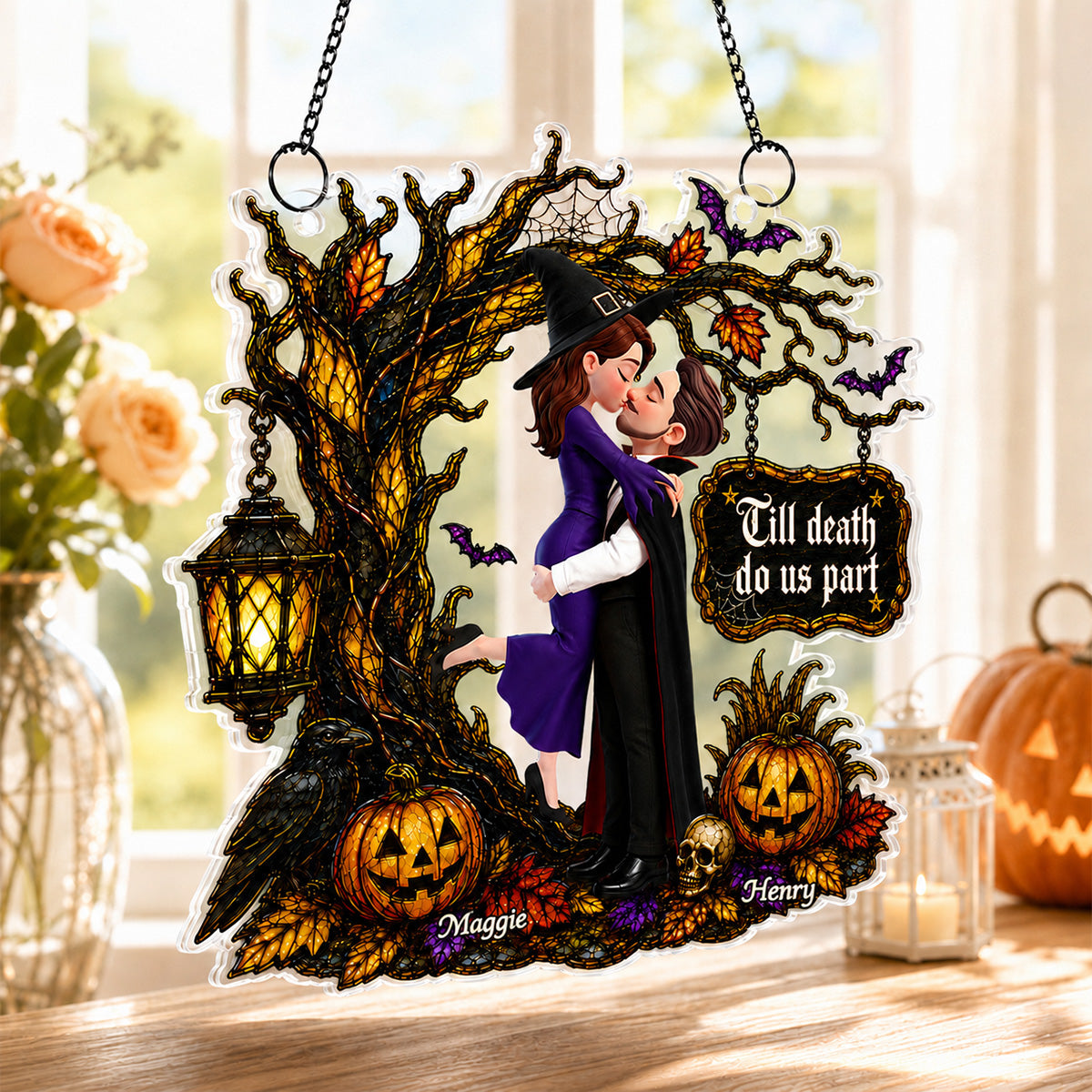 Couple Hugging Under Spooky Halloween Tree 2D Flat - Personalized Acrylic Window Hanger - Halloween Decor For Couple