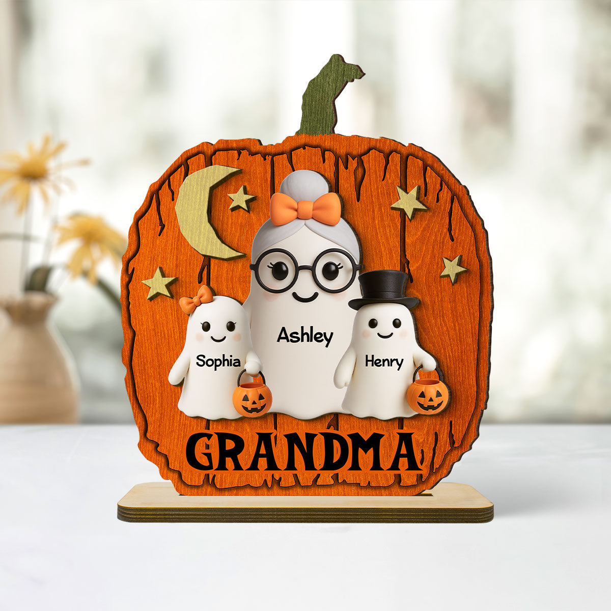 Halloween Grandma Grandkids Boo Pumpkin Shaped Pesonalized 2-Layer Standing Wooden Plaque, Tabletop Tier Tray Decor