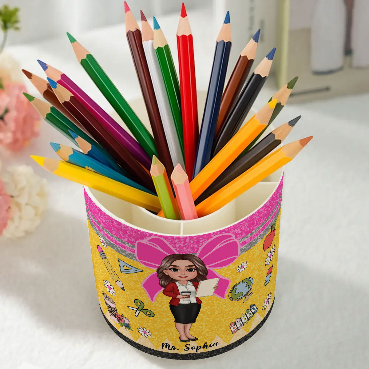 Glitter Coquette Pattern Personalized Rotating Pen Holder, Teacher Appreciation Gift, Back To School Gift