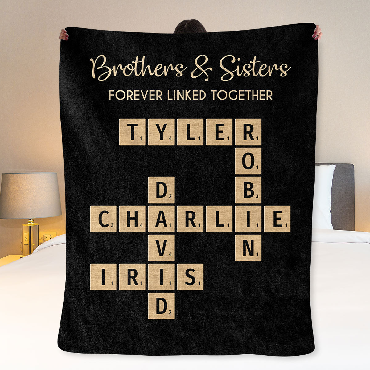 Brothers & Sisters Forever Linked Together Crossword Puzzle Art Personalized Blanket, Gift For Brothers, Sisters, Siblings, Family