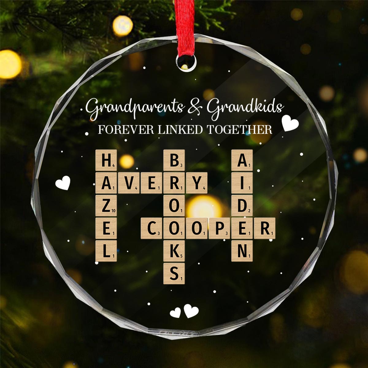 Grandpa Grandma Grandparents And Grandkids Forever Linked Together Crossword Puzzle Art Personalized Glass Ornament