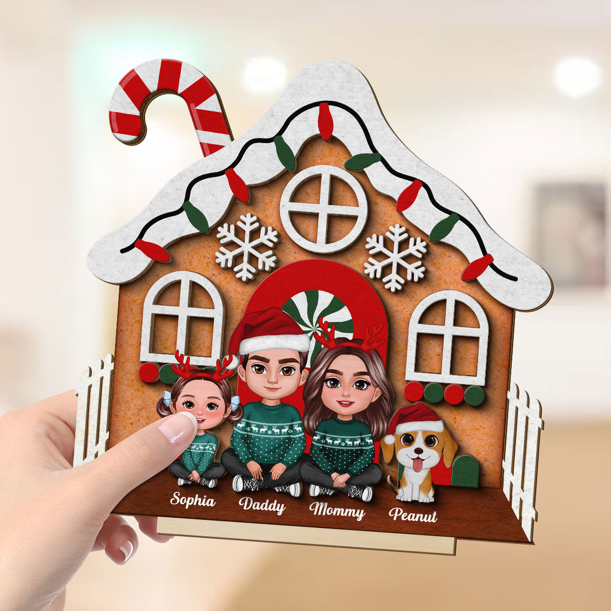 Gingerbread House Family Christmas Tabletop Fireplace Decor Personalized 2-Layer Standing Wooden Plaque