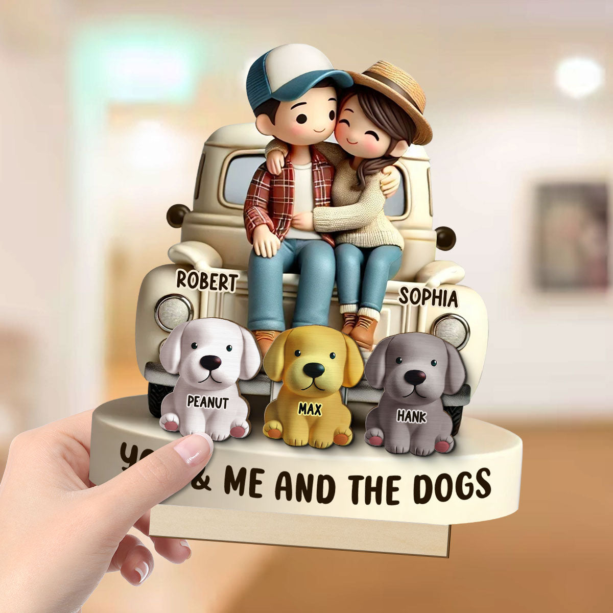 Couple On Truck You Me And The Dog Cats Personalized 2-Layer Standing Wooden Plaque, Heartfelt Gift For Couple, For Dog Lovers, Cat Lovers, Pet Lovers