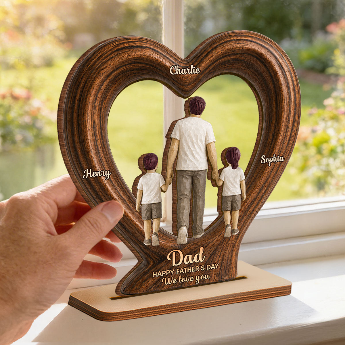 Sentimental Rustic Dad And Kids Walking In Heart 2D Flat - Personalized 2-Layered Wooden Plaque - Father's Day Gift For Dad, Husband