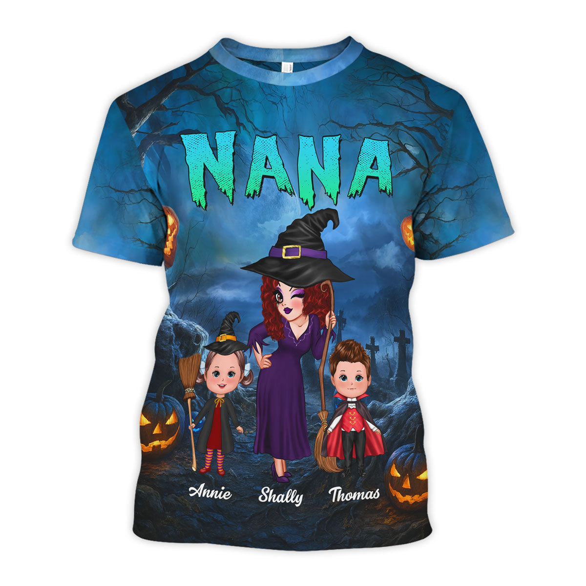 Pretty Grandma Witch & Kids In Halloween Night Personalized Shirt, Halloween Costume for Grandma