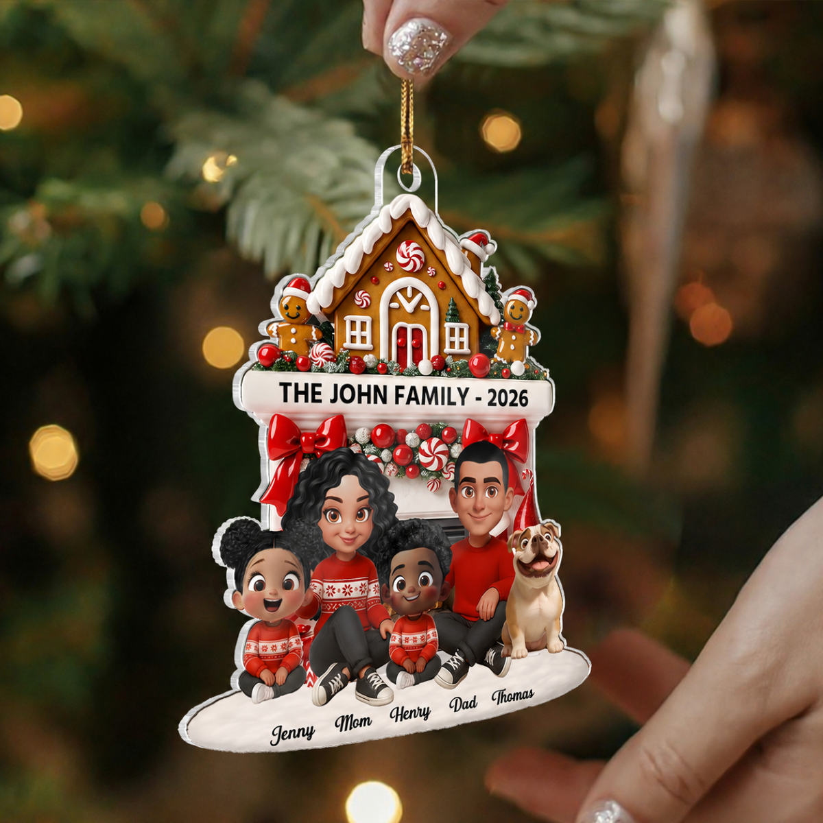 Family Sitting by the Fireplace Personalized Acrylic Ornament - Christmas Gift for Mom, Dad, Children