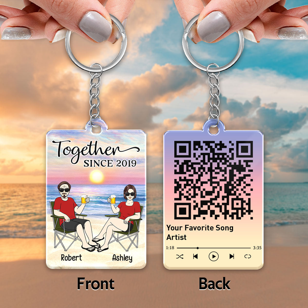Couple Front View On Chair Sitting At Beach Favorite Song Scannable QR Code Personalized Acrylic Keychain
