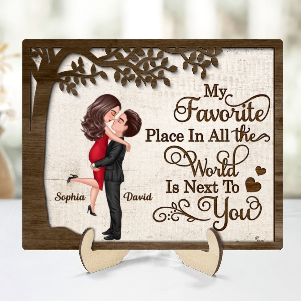 My Favorite Place In All The World Hugging Couple Personalized 2-Layer Wooden Plaque, Gift For Him, For Her