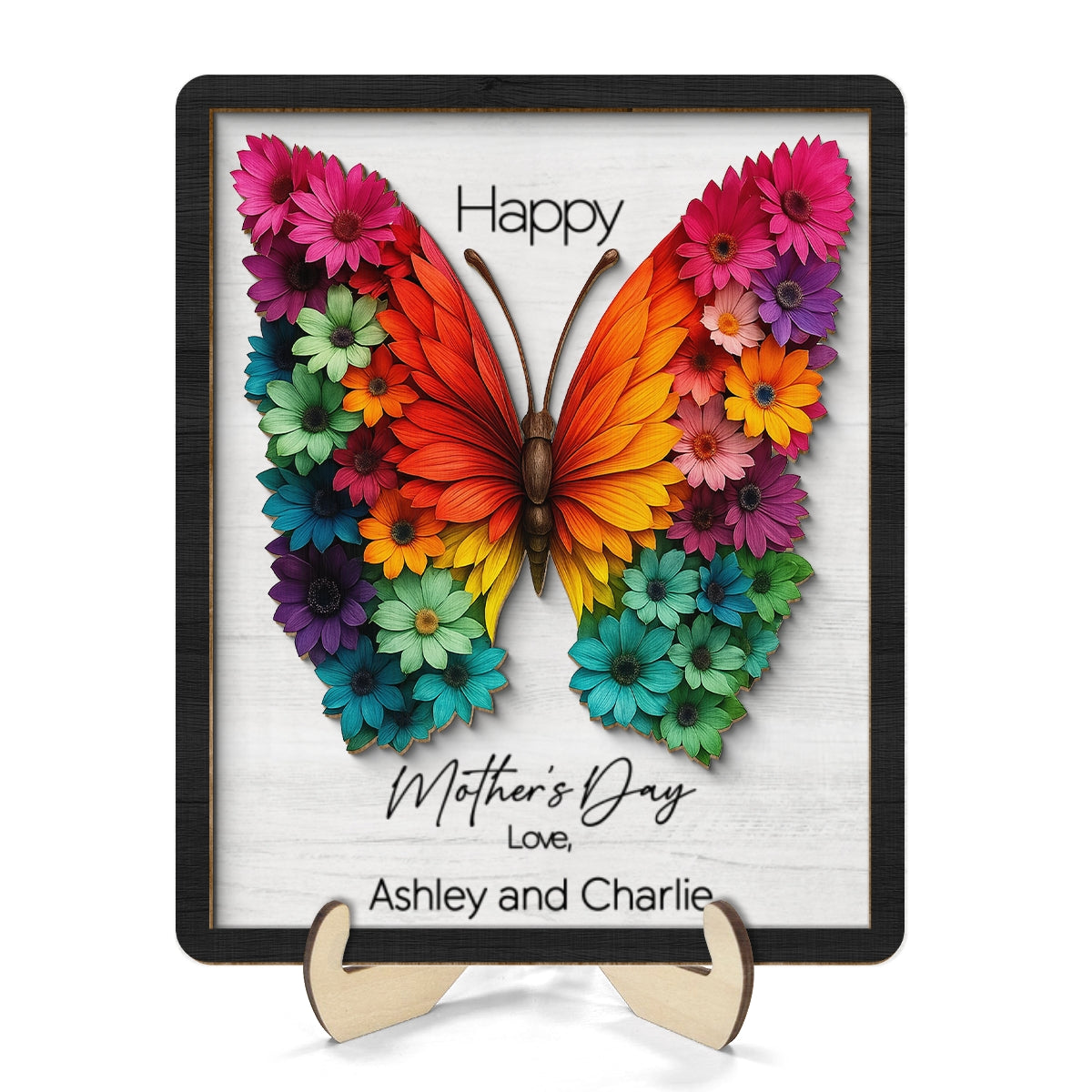Mother's Day Butterfly Flowery Wings 2D Flat, Personalized 2-Layered Wooden Plaque, Gift for Mom, 3D Effect