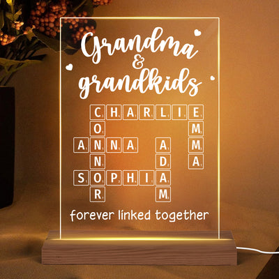 Grandma Grandpa & Grandkids Forever Linked Together Crossword Puzzle Personalized Acrylic Plaque With LED Night Light