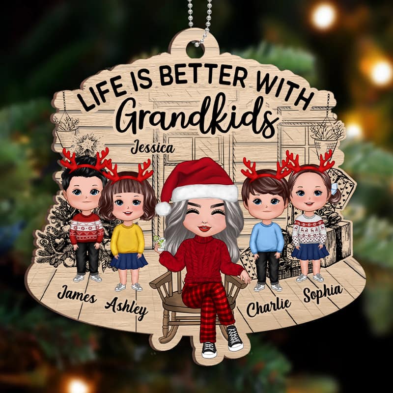 Grandma Grandkids Front Porch Personalized Christmas Wooden Ornament