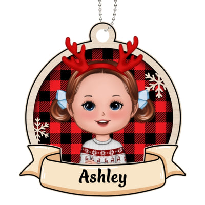 Checkered Pattern Doll Kids Personalized Wooden Ornament