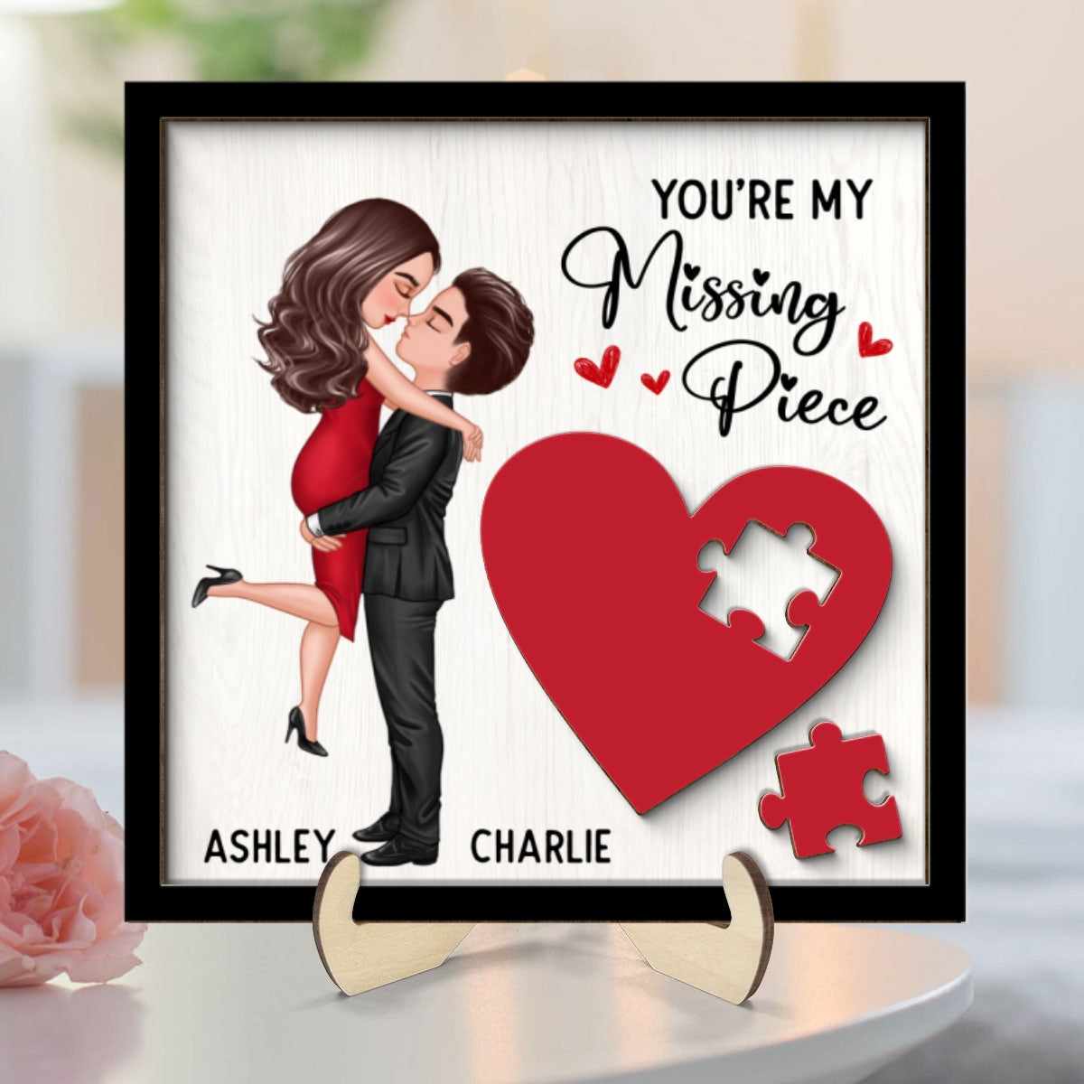 Couple Missing Piece Red Heart Personalized 2-Layer Wooden Plaque, Valentine‘s Day Gift For Him, For Her