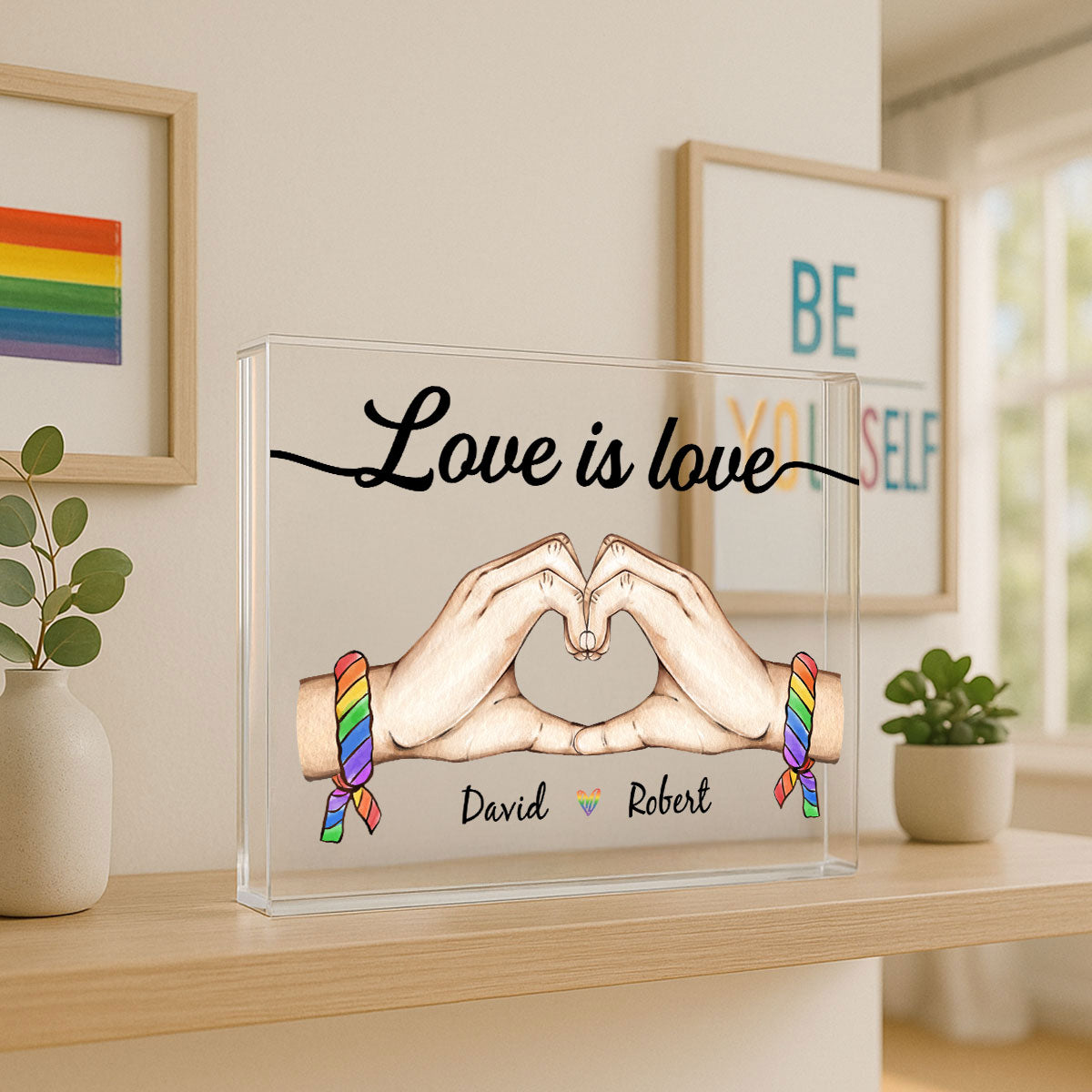 Pride Month LGBT Couple Heart Hands Personalized Rectangle Acrylic Block Plaque, Gift For Couple