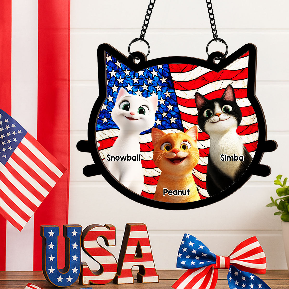 Cat Face Shape Nation Flag Personalized Suncatcher, 4th Of July Decoration