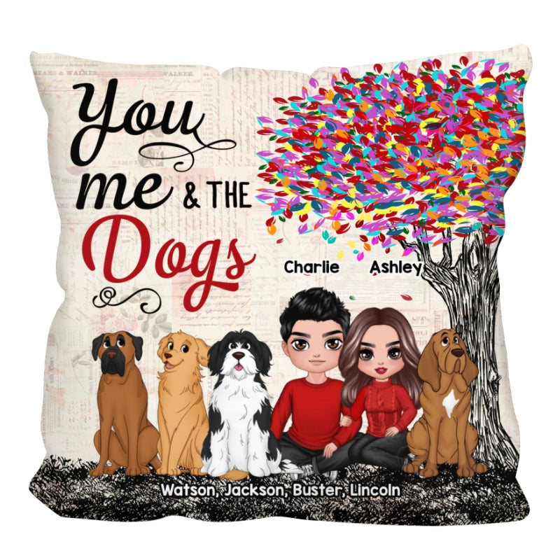 Embracing Couple With Dogs Under Colorful Tree Personalized Pillow (Insert Included)