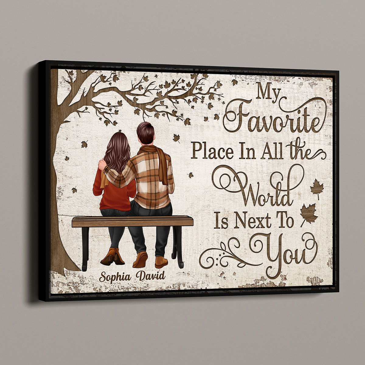 Fall Season Couple Sitting Under Wooden Tree Personalized Horizontal Poster