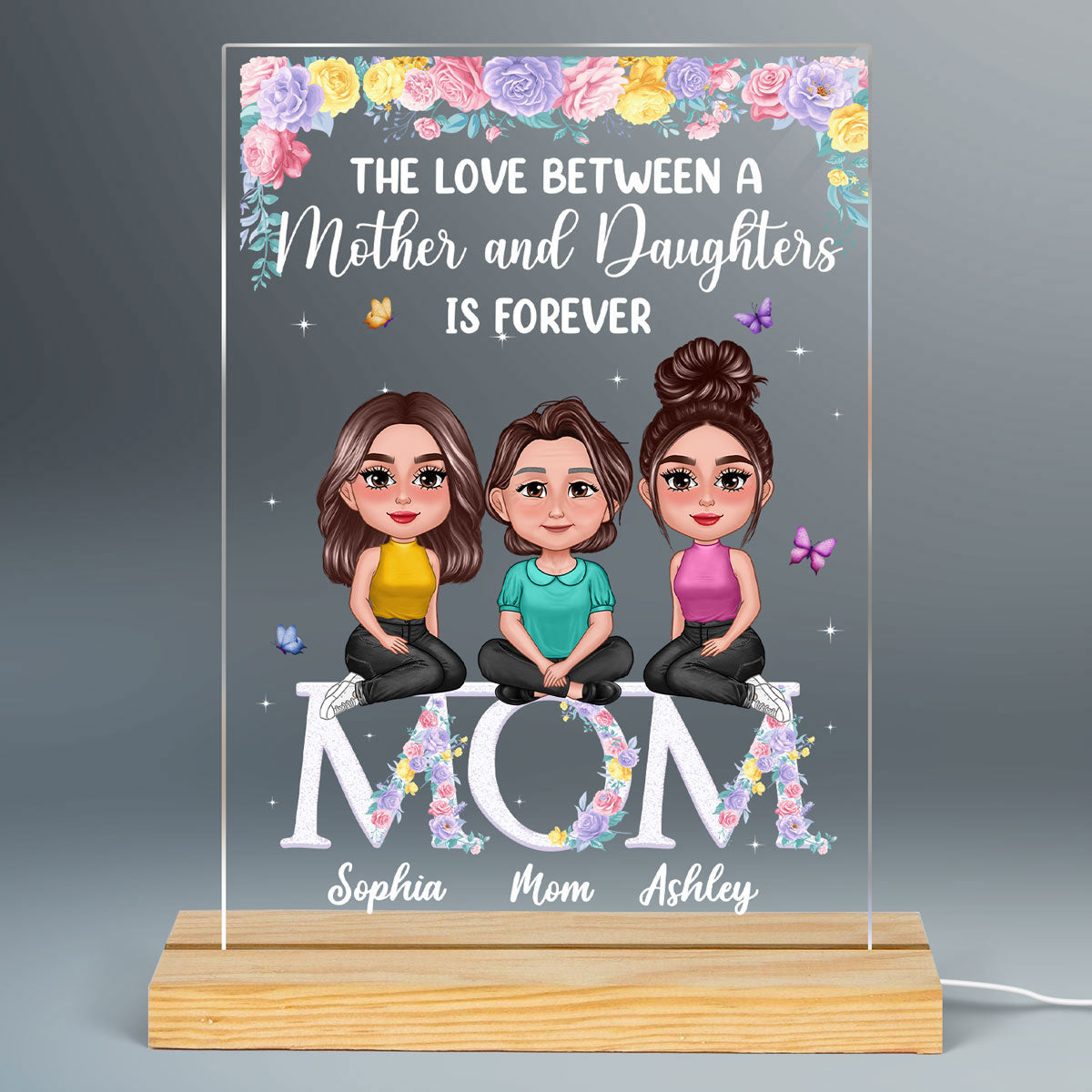 Pretty Doll Mother Daughter Sitting On Text Personalized Acrylic LED Night Light