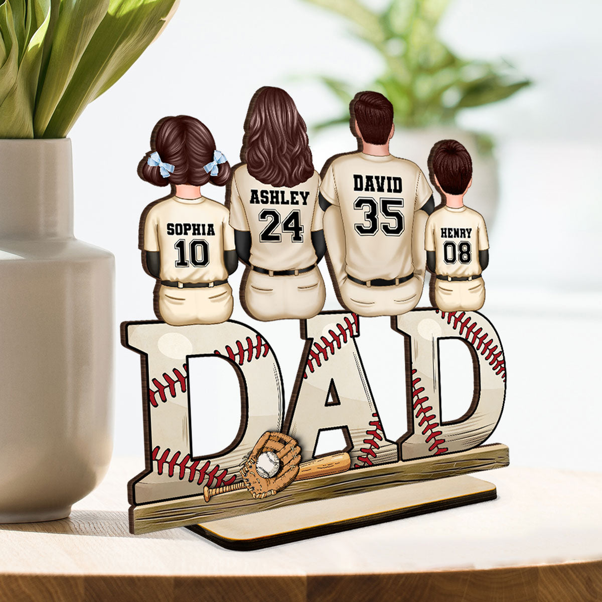 Baseball Dad Family Sitting Back View Personalized Standing Wooden Plaque, Father's Day Gift for Dad, for Grandpa, for Husband