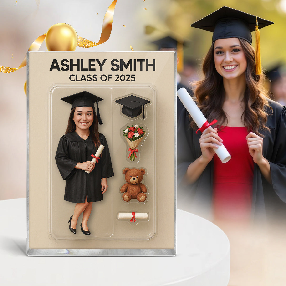 3D Effect Graduate Custom Figure Personalized Flat Rectangle Acrylic Block Plaque, Unique Keepsake, Graduation Gift [FEMALE version ONLY]