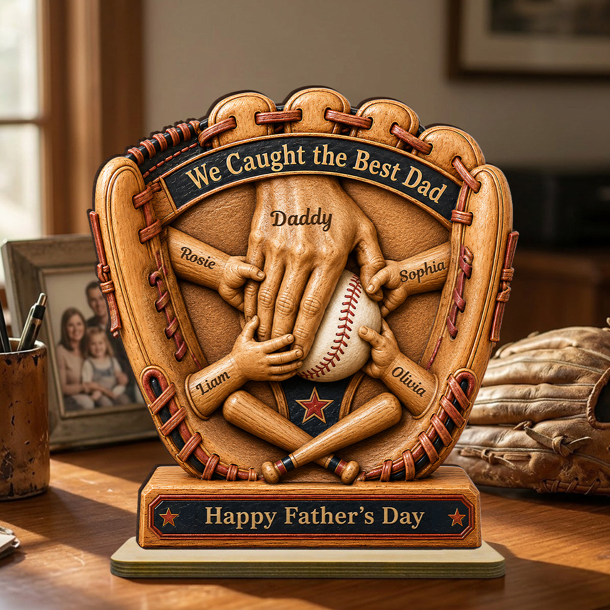 Baseball Glove Dad & Kids' Hands - Personalized 2-Layered Wooden Plaque - Father's Day Gift For Dad, Husband