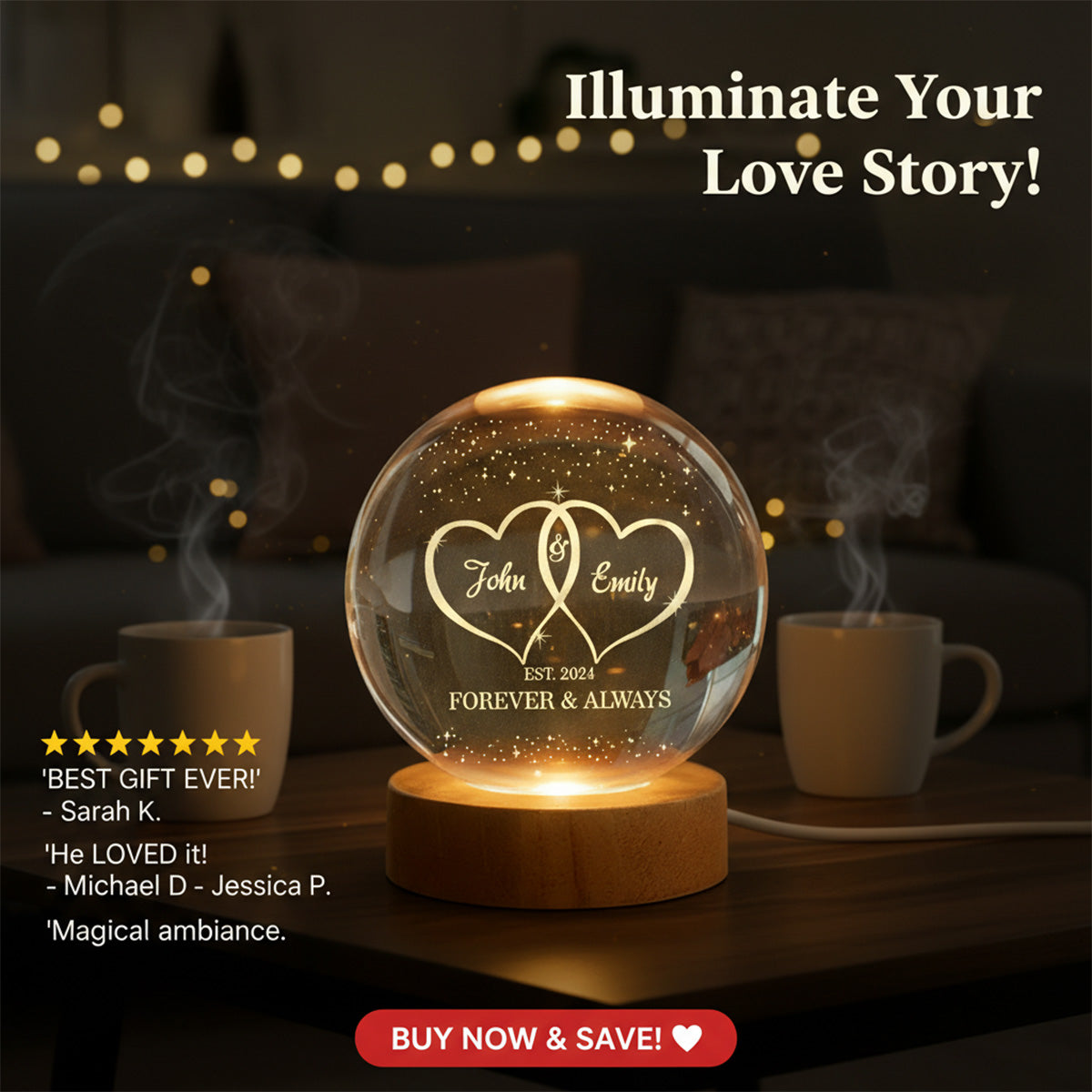 Eternal Love Galaxy Couple Hearts - Personalized Crystal Ball LED Night Light - Valentine's Day Gift For Couple, For Her, For Him