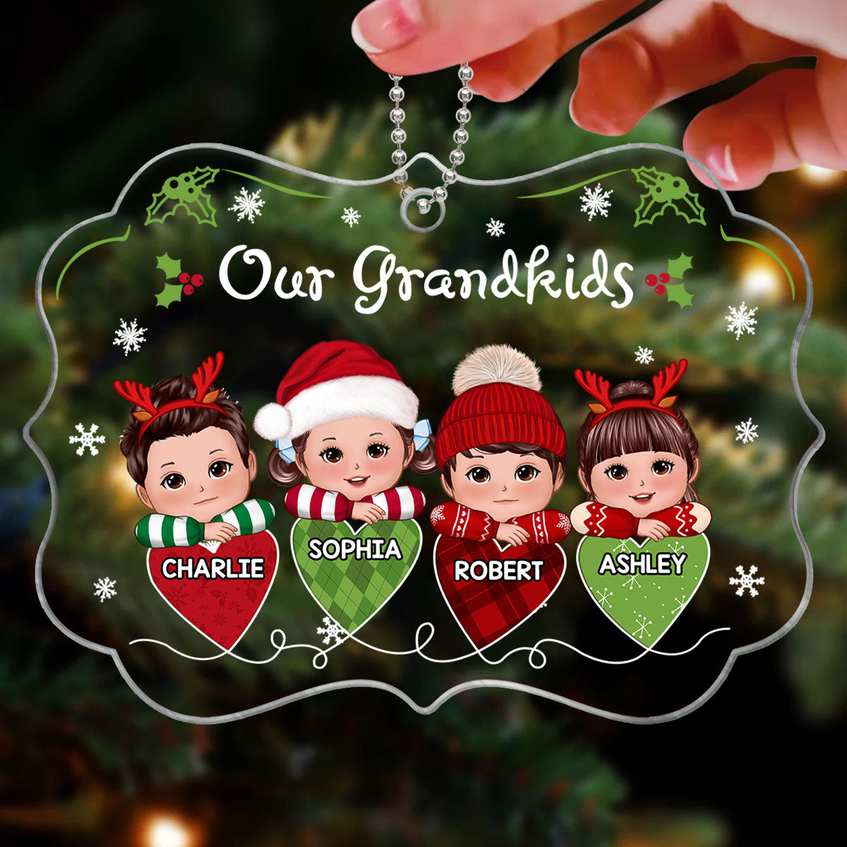 Our Grandkids Christmas Hearts String Personalized Acrylic Ornament