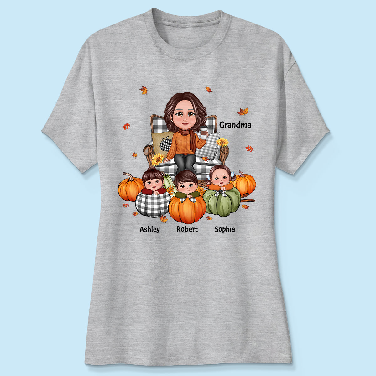 Grandma Sitting On Chair Kids Pumpkin Personalized Shirt, Fall Season Gift For Grandma