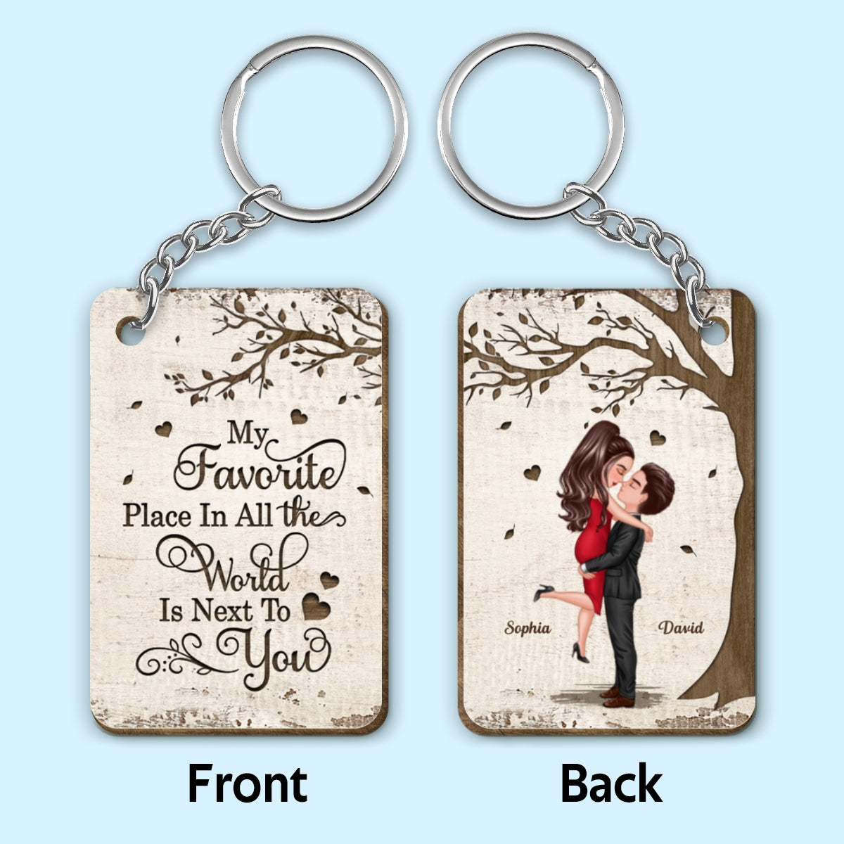 Favorite Place In The World Couple Kissing Personalized Wooden Keychain