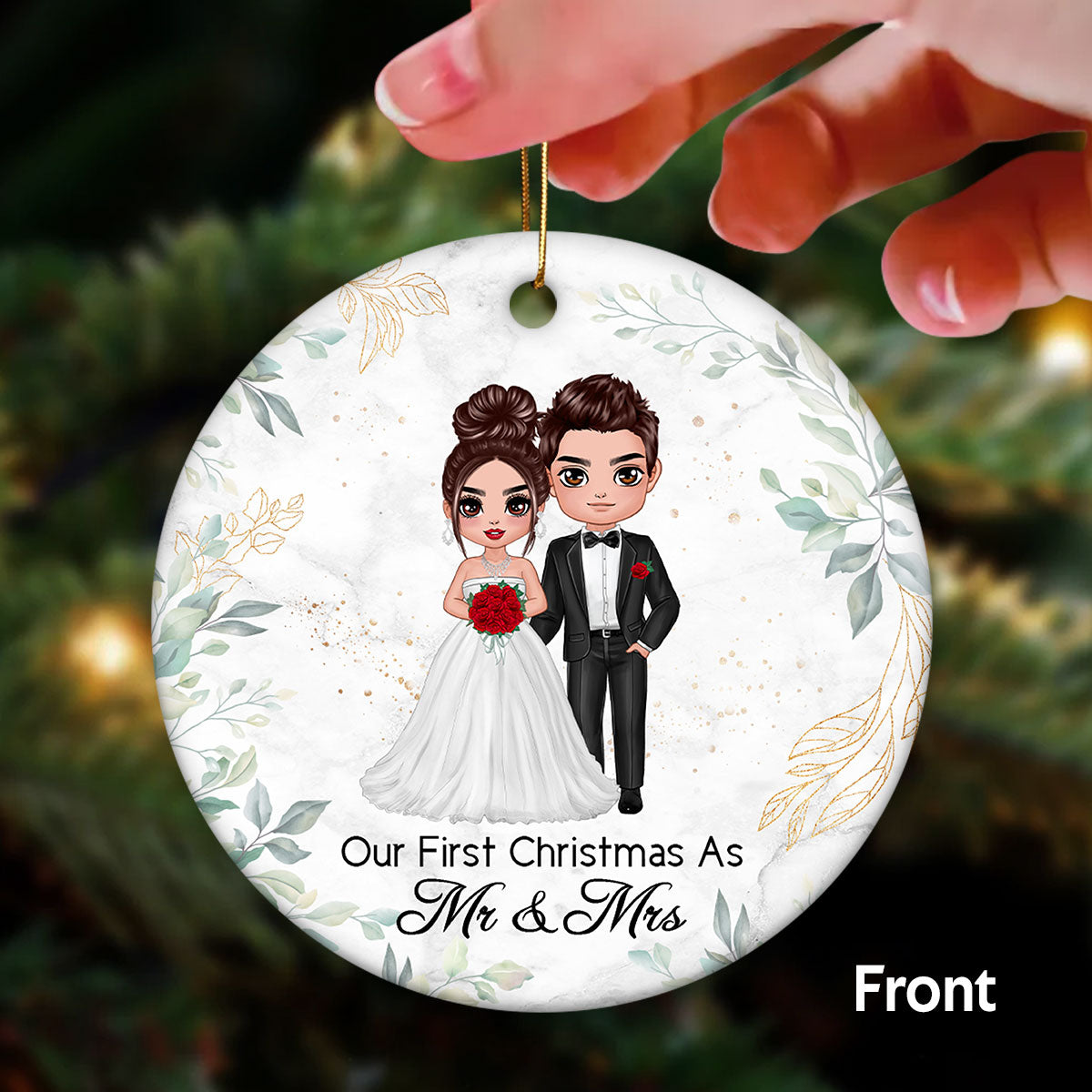First Christmas Couple Green Leaves Wedding Engaged Anniversary Date Calendar Personalized Double Sided Circle Ornament
