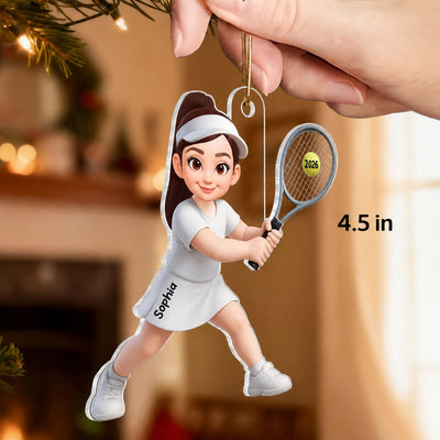 3D Effect Christmas Girl Boy Playing Tennis - Personalized Acrylic Ornament - Gift For Tennis Players, Grandson, Granddaughter