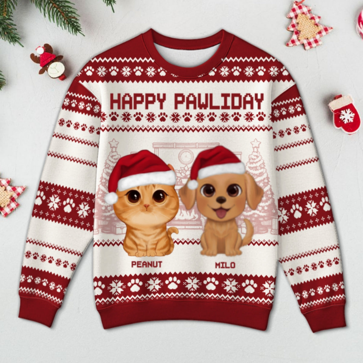 Happy Pawliday Watercolor Cute Dogs Cats Christmas Personalized Faux Knitting Ugly Sweater, Gift For Dog Cat Pet Lovers