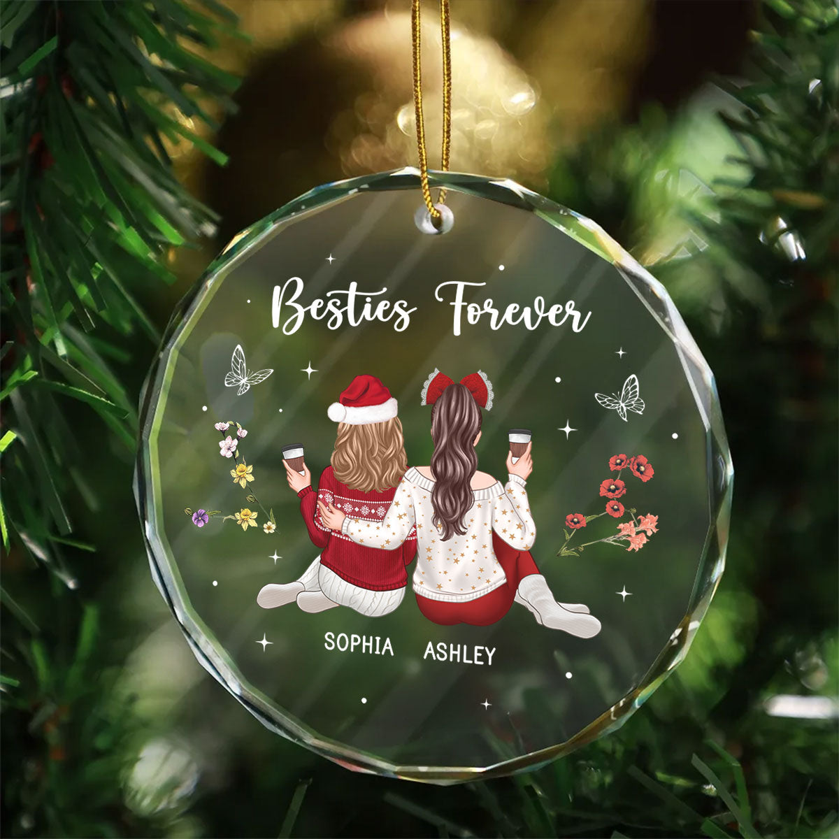 Besties Sisters Sitting Back View Zodiac Sign Birth Month Flowers Personalized Glass Ornament