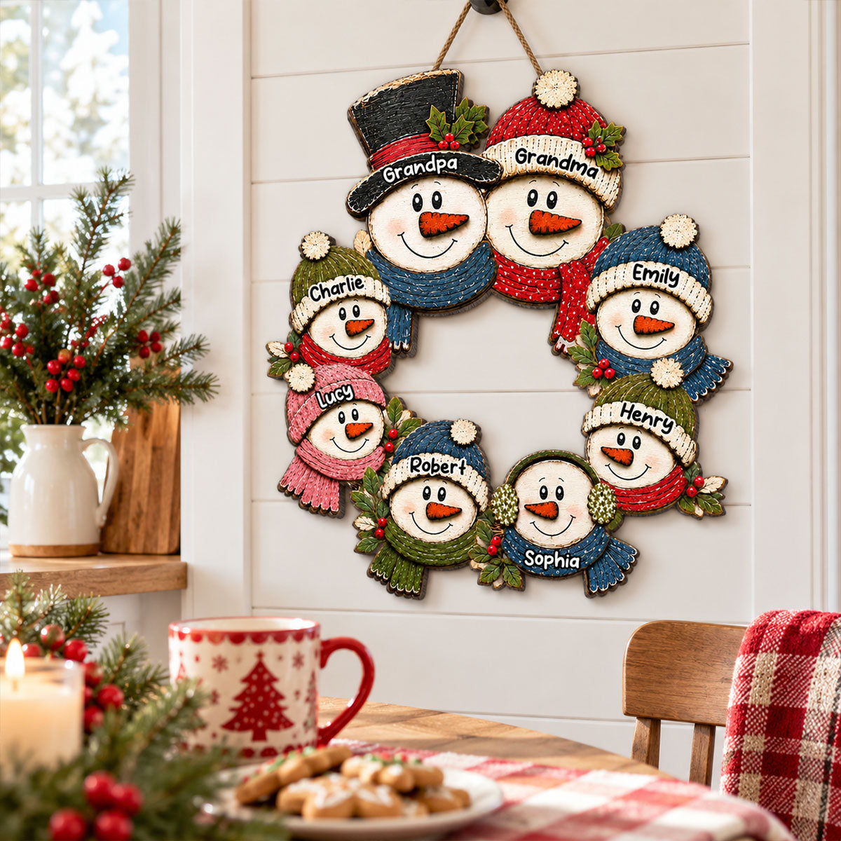 Grandpa Grandma Snowman Wreath - Personalized Wood Sign - Christmas Decoration For Porch, Window, Door