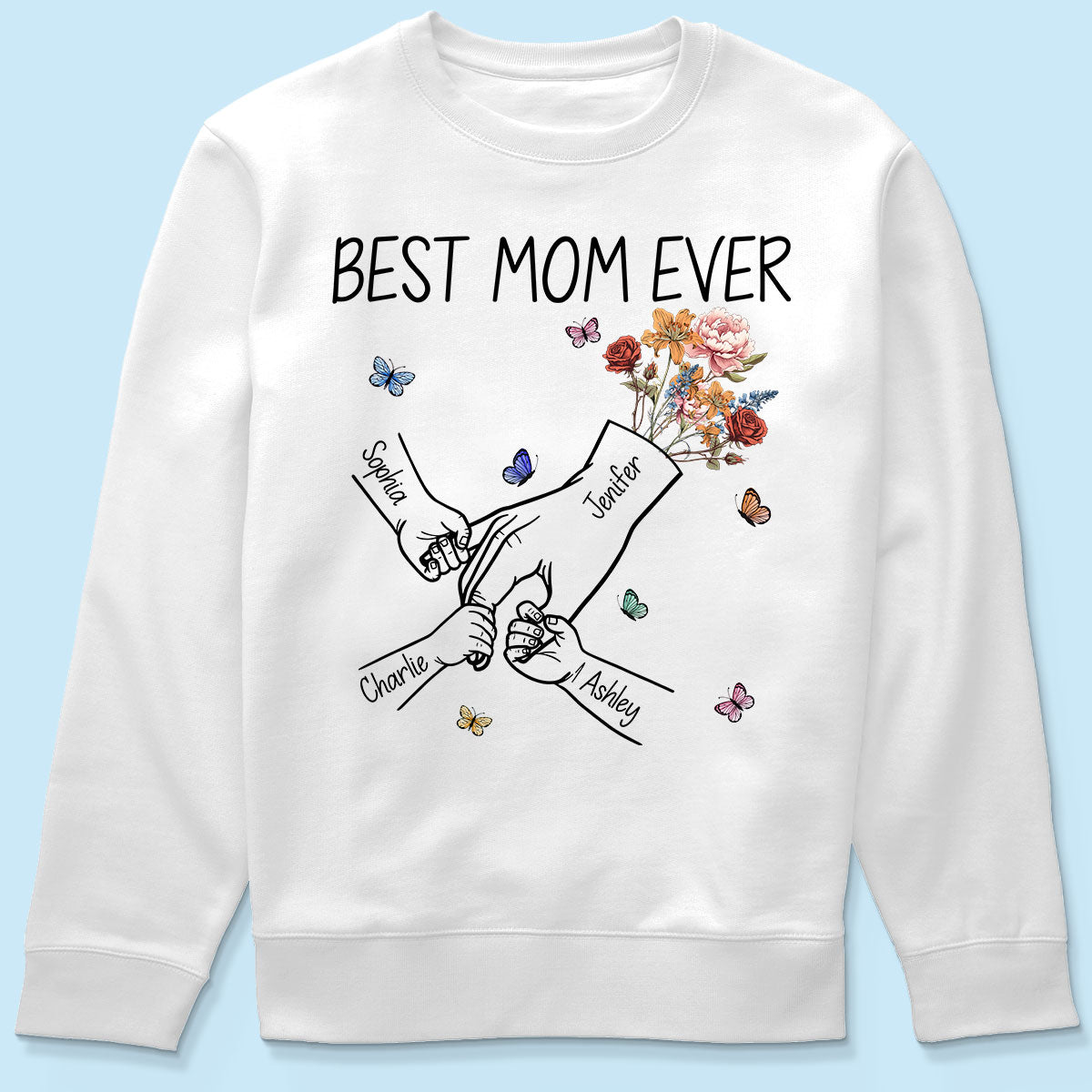Kids Holding Mom‘s Hand Vintage Birth Month Flowers Gift For Mom Personalized Shirt